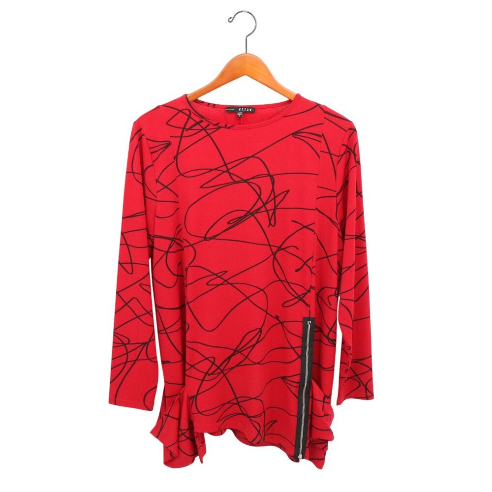 Kozan Red Black Abstract Asymmetrical Hem Funky Pockets Lagenlook Tunic Top L